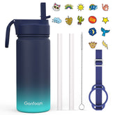 Gonfoam Kids Water Bottle in navy blue with straw and stickers for school adventures
