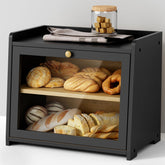 Goozii black bread box on kitchen counter with closed door showing storage
