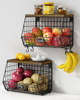 Goozii hanging wall fruit basket with wood lid improves counter organization and accessibility.