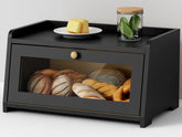 Goozii Black Bread Box on countertop showing compact size and sleek finish.