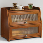 Goozii walnut roll-top bread box front view showing spacious two-tier design.