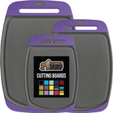 GORILLA GRIP purple-gray cutting board set shows nonporous surface for easy cleaning.