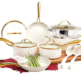 Gotham Steel 15pc ceramic cookware set on stove highlights complete family-friendly collection.