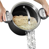 Gotham Steel 5 Qt stock pot with strainer lid ready to drain pasta easily