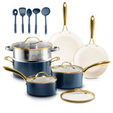 Gotham Steel natural collection cream cookware set with stay-cool handles for smooth stovetop to oven transitions