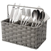 Granny Says wicker utensil caddy with handle keeps utensils organized during meals.
