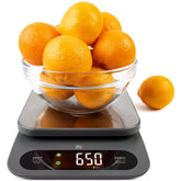 Greater Goods digital scale with stainless steel platform and large display for precise baking.