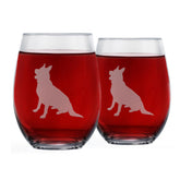 Greenline Goods German Shepherd stemless wine glasses set of two with etched silhouettes—perfect dog lover gift