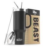Greens Steel Beast 50oz tumbler with handle for easy carrying during outdoor adventures.