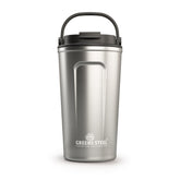 Greens Steel reusable coffee cup with lid and handle closeup showing durable stainless steel.
