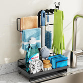 GSlife sink caddy front view with towel holder and drip tray keeping counters tidy.