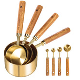 GuDoQi gold measuring cups with wood handle highlight comfortable grip for precise kitchen measuring.