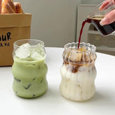 GUOJOZO bubble glass cup with ribbed design, ideal for iced coffee.