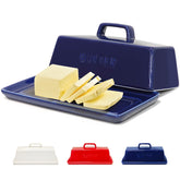 Gute butter dish with lid in navy blue for countertop storage.