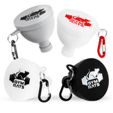 Gym Rats travel pack caps funnel showing spill-proof design for on-the-go usage