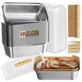 Gyreuni 50-pack aluminum loaf pans with lids for easy baking and transport.