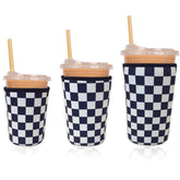 Haevola checker grid cup sleeve for iced coffee on the go, stylish and secure.