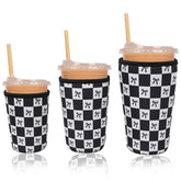 Haevola neoprene sleeve with black checkered bows closeup keeps drinks cold and hands dry.