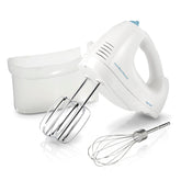 Hamilton Beach 6-speed hand mixer in white with attachments for versatile baking tasks.