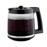Hamilton Beach 12-cup carafe with black handle for easy pouring.