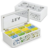 Handrong tea box organizer with 12-compartment layout for easy tea bag storage.