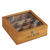 Handrong wooden tea box organizer with nine compartments keeps tea bags neatly arranged and accessible.