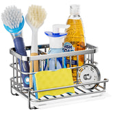 HapiRm kitchen sink caddy in silver keeps sponges organized and drains efficiently.