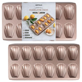 HAPPIELS 12-well Madeleine pan in champagne gold for effortless release.