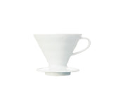 Hario V60 ceramic dripper white front view showing the cone shape for even extraction.