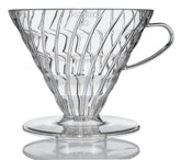 Hario V60 plastic dripper size 03 clear, front view for portable pour-over brewing
