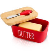 Hasense porcelain butter dish with bamboo lid on a counter, keeps butter fresh and stylish.