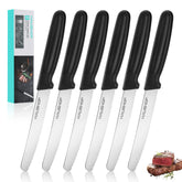 HAUSHOF steak knives set with serrated blade and black handle for precise, effortless cuts.