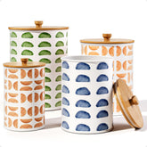 HB Design Co. patterned iron kitchen canisters with airtight lids for organized dry goods.