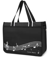 Headsitg musical notes tote bag front pocket, ideal for quick-access items.