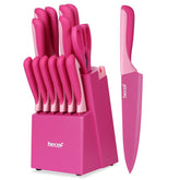 Hecef 15-piece knife block with built-in sharpener keeps blades razor-sharp for daily prep.