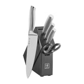 Henckels Modernist 6pc knife block set on kitchen counter for clutter-free storage.
