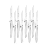 Henckels razor-sharp steak knives close-up showing precision blades for clean cuts.