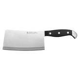 Henckels Statement 6-inch meat cleaver with black handle for precise bone cutting.