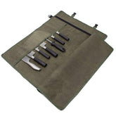 HERSENT chef knife roll bag opened flat for quick access to knives.