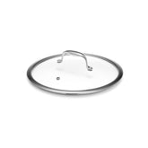 HexClad tempered glass lid on a 10-inch pan, clear view of cooking progress with steam vent.