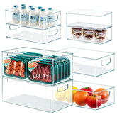 Heyuzb freezer organizer bin with clear stackable design and side handles for easy access.