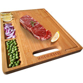 HHXRISE bamboo cutting board with three compartments for organized prep.