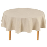 Hiasan round tablecloth in beige 60 inch, smooth fabric ideal for elegant dining and surface protection.