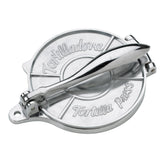HIC Kitchen tortilla press front view producing 6-inch tortillas with even thickness for consistent cooking