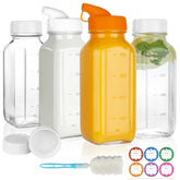 HINGWAH 4-pack glass bottles with lids and measurement marks for easy portion control.