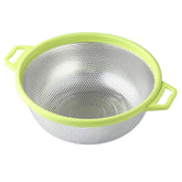 HiramWare stainless steel colander with ergonomic handle and legs for easy draining of pasta