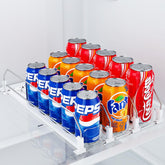 HIYOHIYO 3-Row Auto-Push Drink Organizer front view demonstrates easy access and orderly beverages.