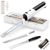 HK cordless electric knife with dual blades for precise slicing of roasts and hams.