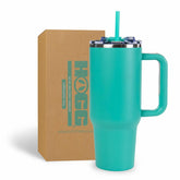 Hogg Big Swig 40oz tumbler in Tarragona Teal with ergonomic handle for easy grip.