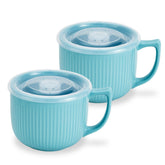 Hoilse blue ceramic soup bowl with handle, 32oz, ideal for soups and noodles.